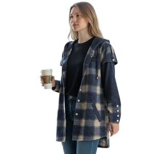Michael Tyler Plaid Hooded Button Front Shirt Jacket Womens Small Pet Black Tan